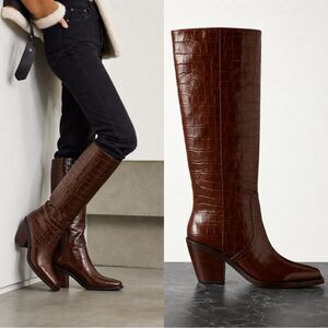 Loeffler Randall Lynn Square Toe Boots in a chocolate croc-embossed leather